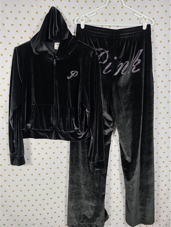 PINK Victoria's Secret Tops - Victorias Secret Pink VELOUR BLING Hoodie Jacket Sweats SET 2pc LARGE